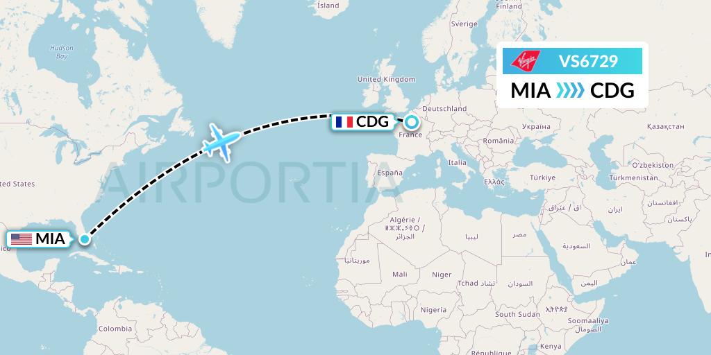 VS6729 Virgin Atlantic Airways Flight Map: Miami to Paris