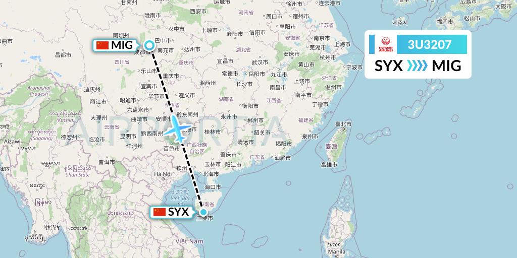 3U3207 Sichuan Airlines Flight Map: Sanya to Mianyang