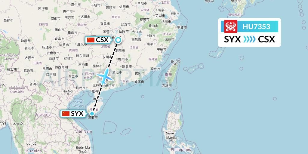 HU7353 Hainan Airlines Flight Map: Sanya to Changsha