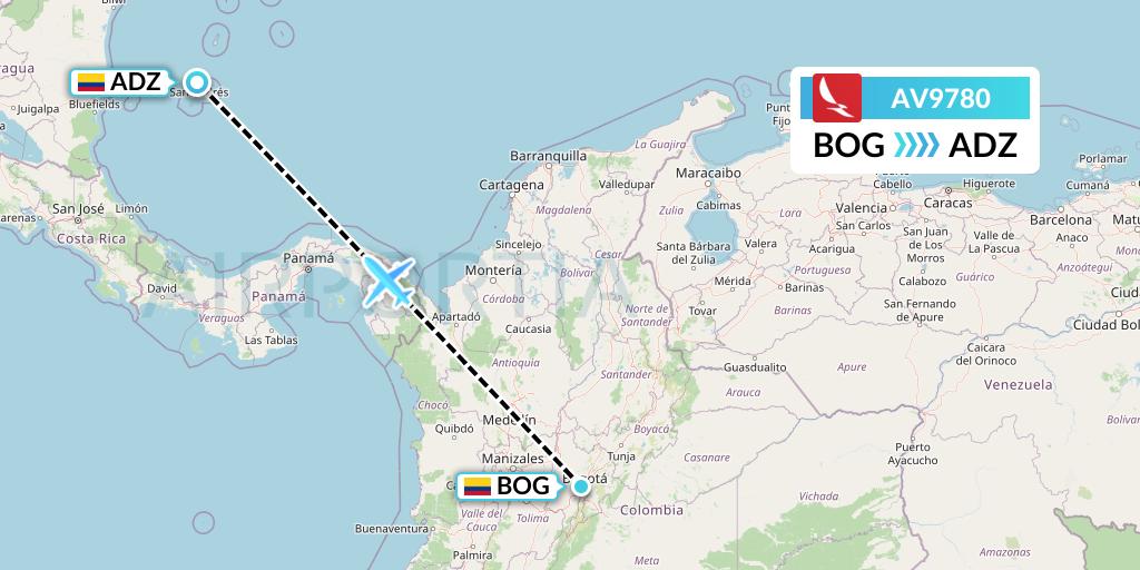 AV9780 Avianca Flight Map: Bogota to San Andres Island