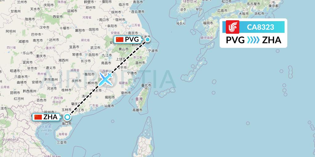 CA8323 Air China Flight Map: Shanghai to Zhanjiang