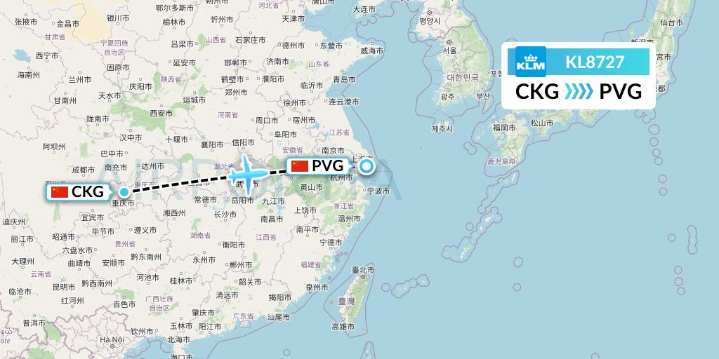 KL8727 KLM Flight Map: Chongqing to Shanghai