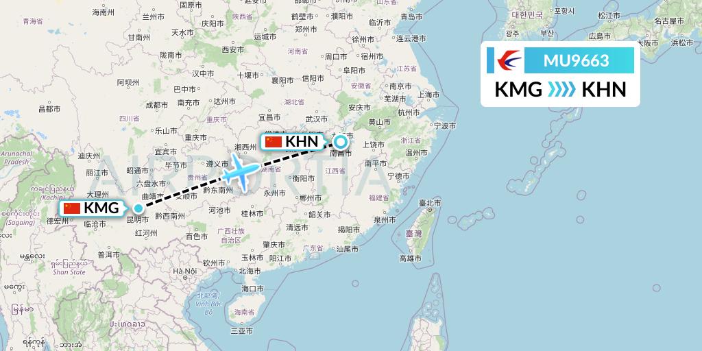 MU9663 China Eastern Airlines Flight Map: Kunming to Nanchang