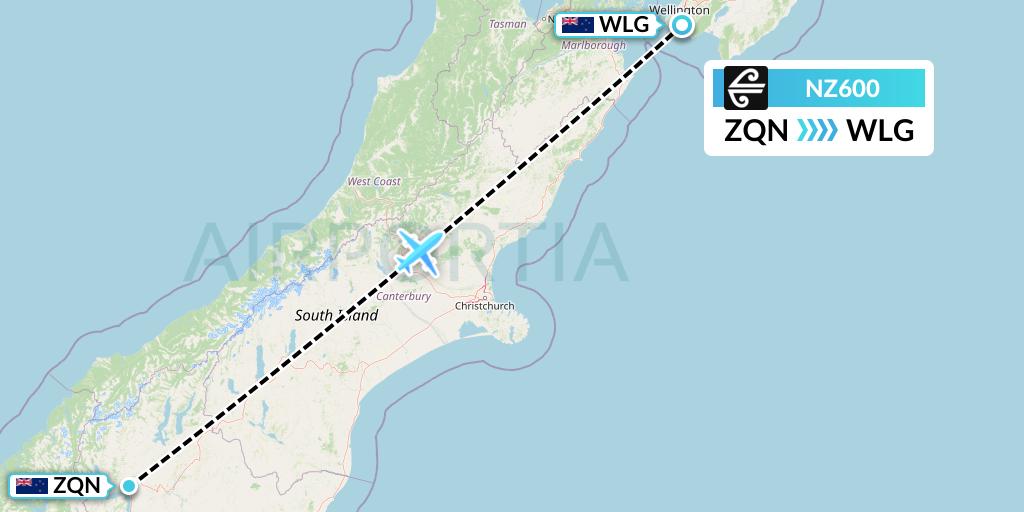 NZ600 Air New Zealand Flight Map: Queenstown to Wellington