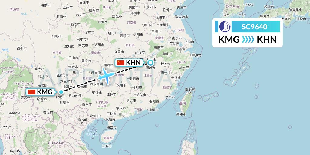 SC9640 Shandong Airlines Flight Map: Kunming to Nanchang