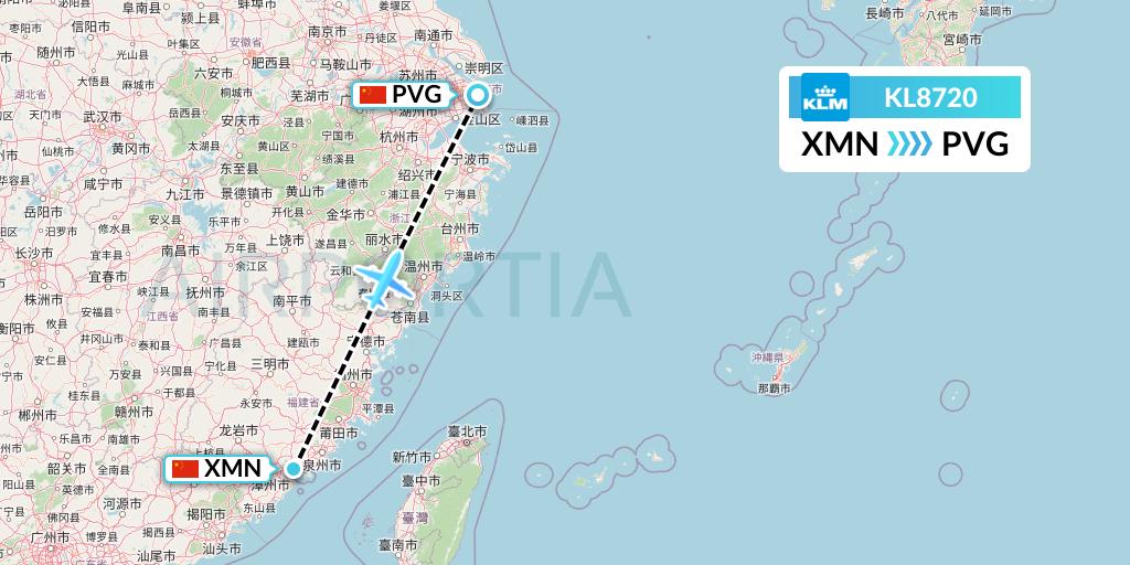 KL8720 KLM Flight Map: Xiamen to Shanghai