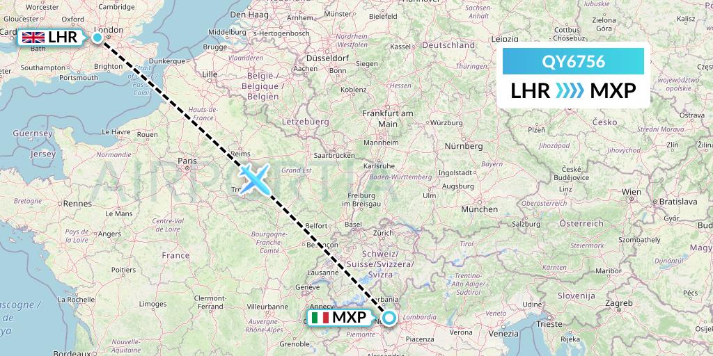 QY6756 European Air Transport Flight Map: London to Milan