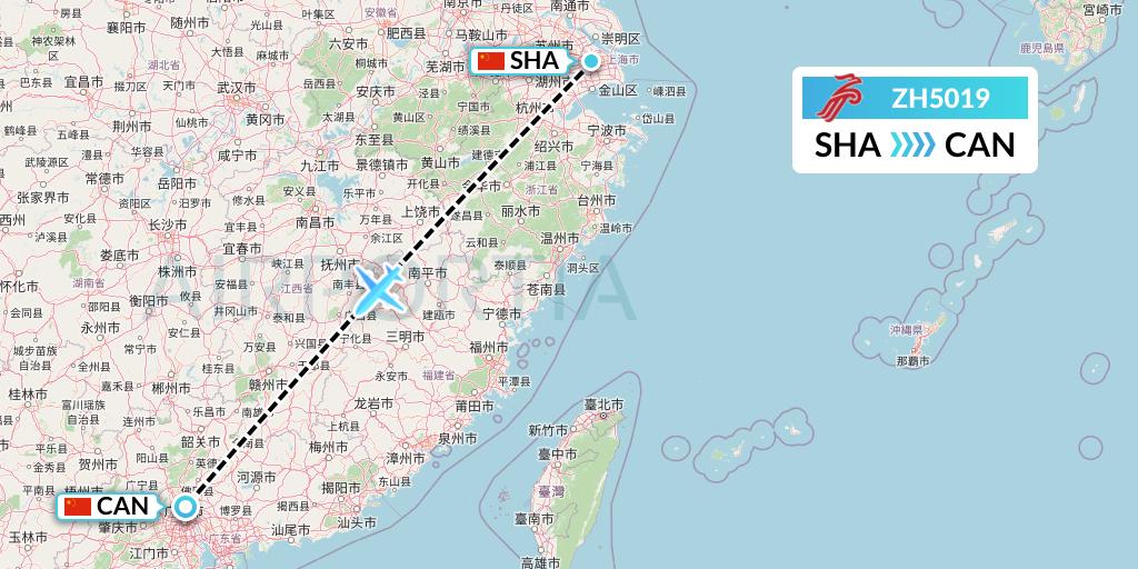 ZH5019 Shenzhen Airlines Flight Map: Shanghai to Guangzhou