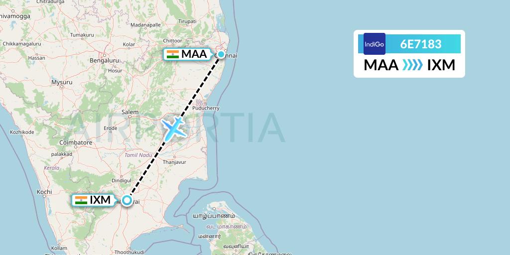 6E7183 IndiGo Airlines Flight Map: Chennai to Madurai