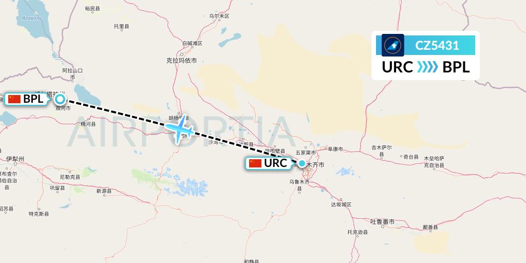 CZ5431 China Southern Airlines Flight Map: Urumqi to Bole