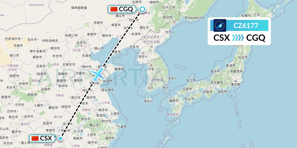 CZ6177 China Southern Airlines Flight Map: Changsha to Changchun