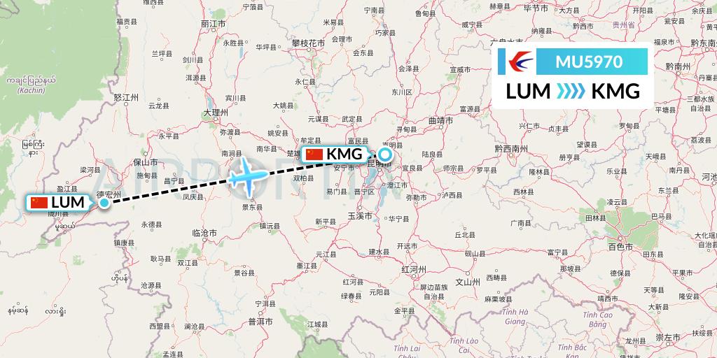 MU5970 China Eastern Airlines Flight Map: Mangshi to Kunming