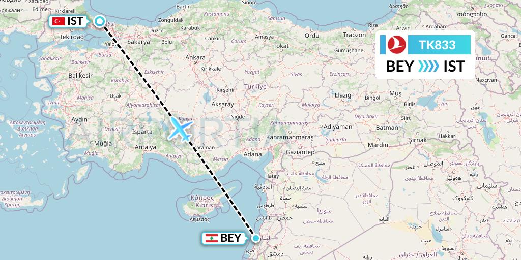 TK833 Turkish Airlines Flight Map: Beirut to Istanbul