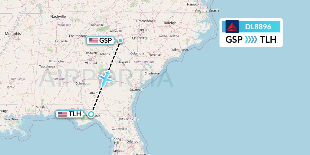 DL8896 Delta Air Lines Flight Map: Greenville-Spartanburg to Tallahassee