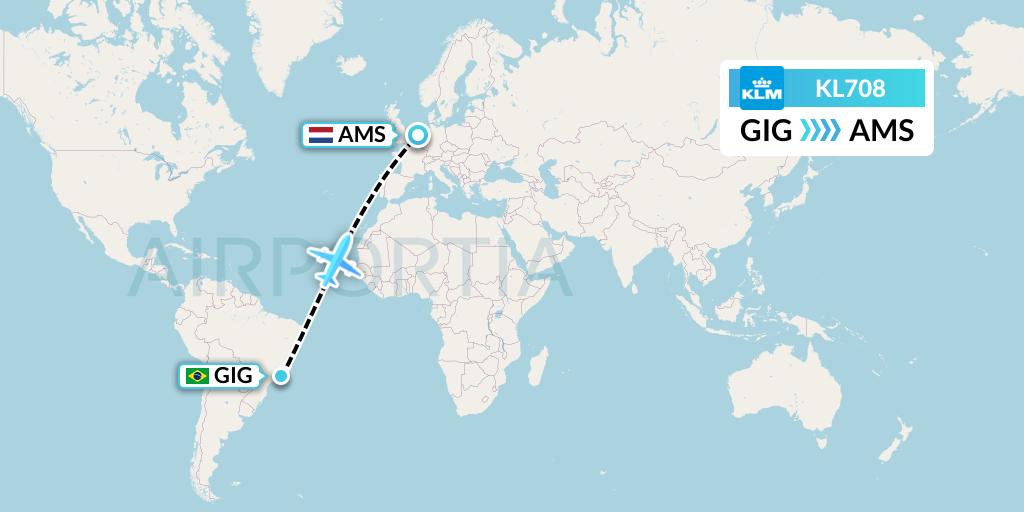 KL708 KLM Flight Map: Rio de Janeiro to Amsterdam