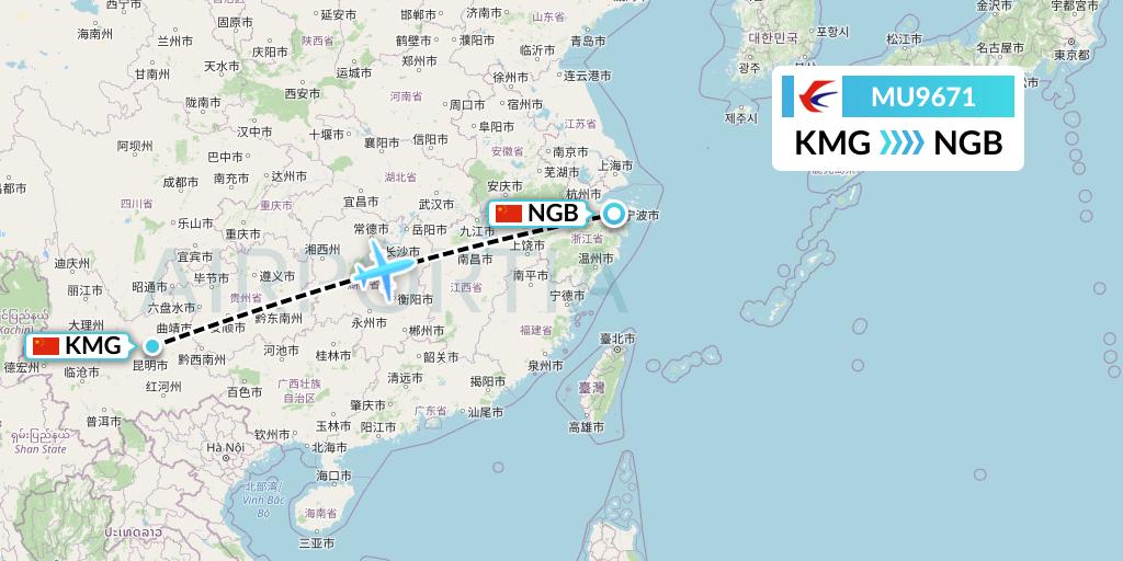 MU9671 China Eastern Airlines Flight Map: Kunming to Ningbo