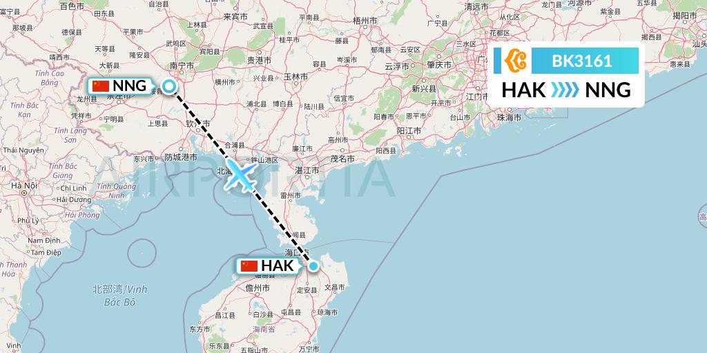 BK3161 Okay Airways Flight Map: Haikou to Nanning
