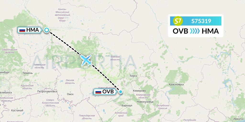 S75319 S7 Airlines Flight Map: Novosibirsk to Khanty-Mansiysk