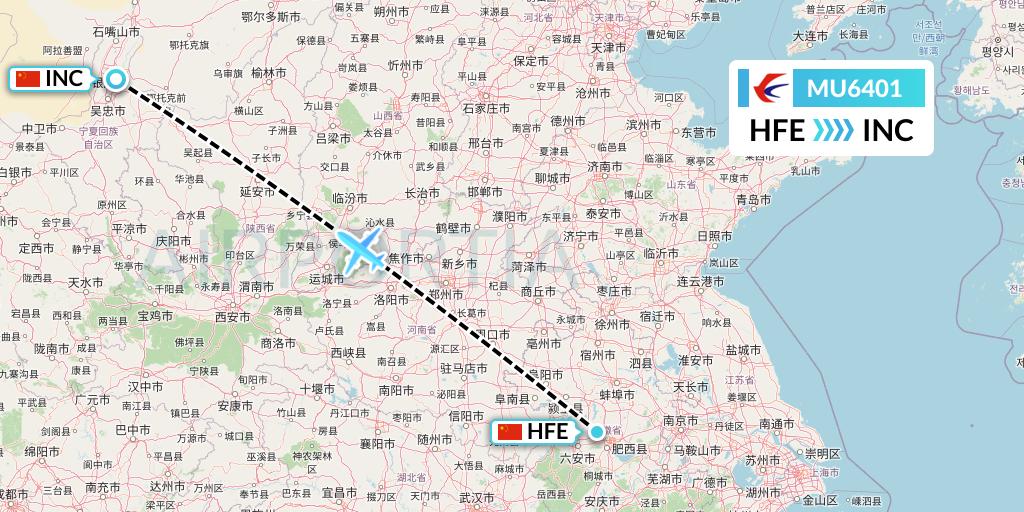 MU6401 China Eastern Airlines Flight Map: Hefei to Yinchuan