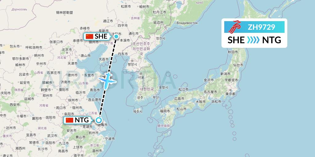 ZH9729 Shenzhen Airlines Flight Map: Shenyang to Nantong