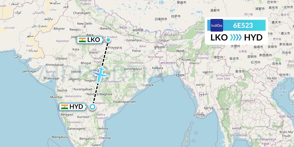6E523 IndiGo Airlines Flight Map: Lucknow to Hyderabad