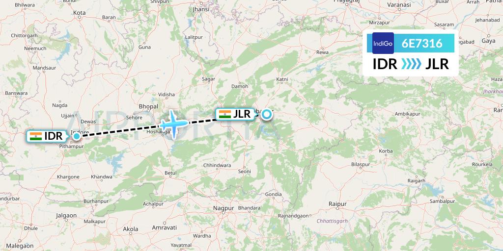 6E7316 IndiGo Airlines Flight Map: Indore to Jabalpur