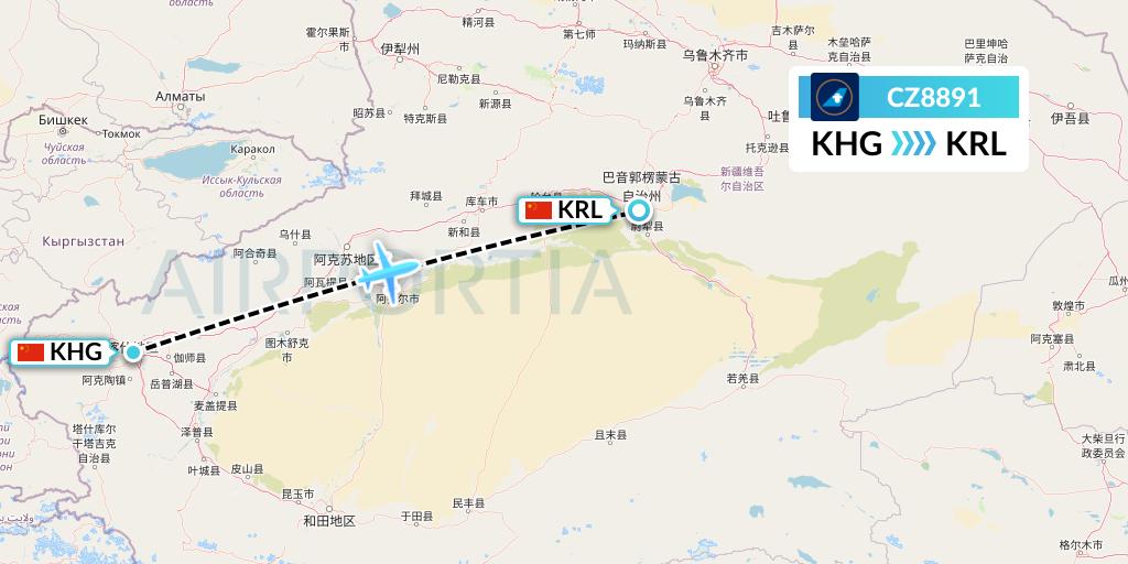 CZ8891 China Southern Airlines Flight Map: Kashgar to Korla