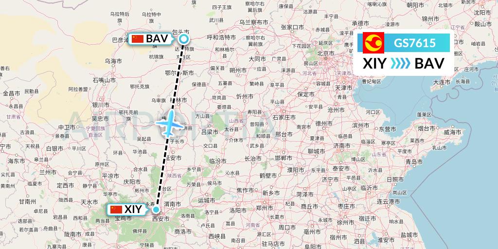 GS7615 Tianjin Airlines Flight Map: Xi'an to Baotou
