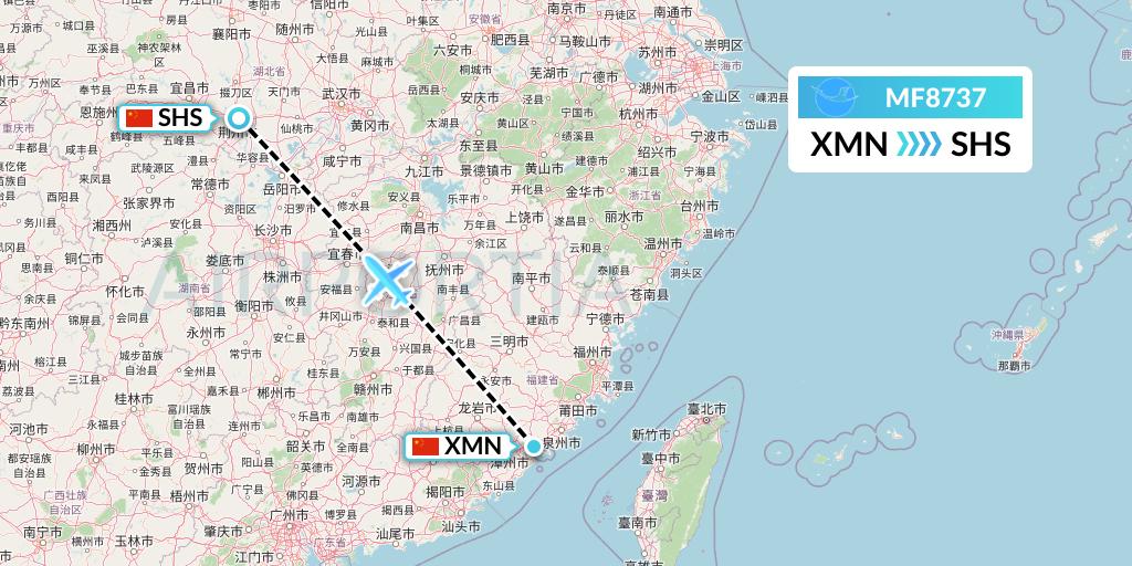 MF8737 Xiamen Airlines Flight Map: Xiamen to Shashi