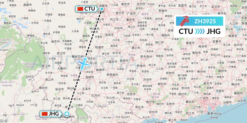 ZH3925 Shenzhen Airlines Flight Map: Chengdu to Jinghong