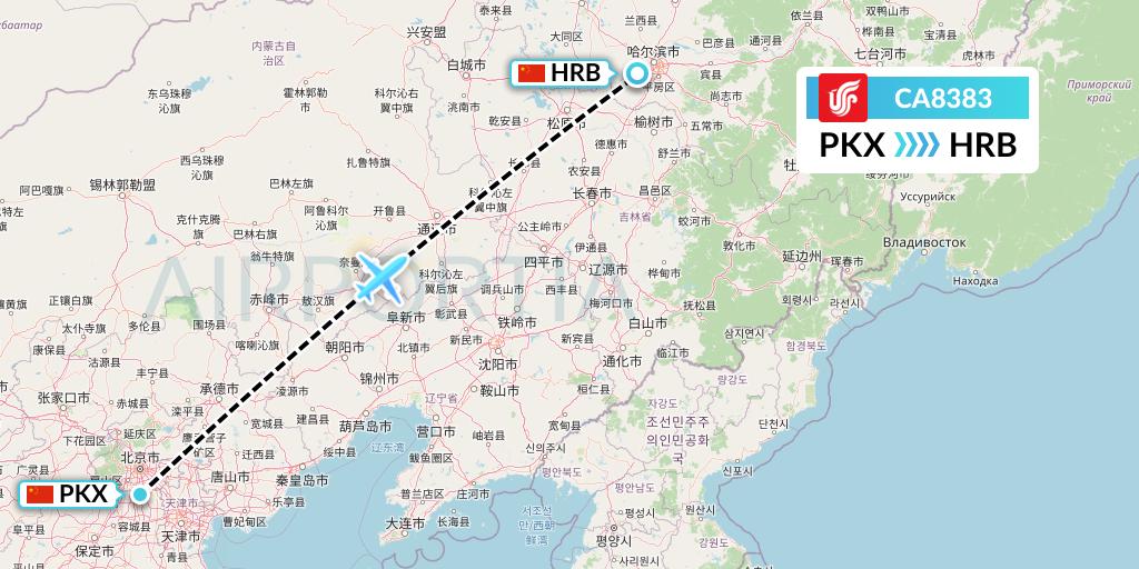 CA8383 Air China Flight Map: Beijing to Harbin