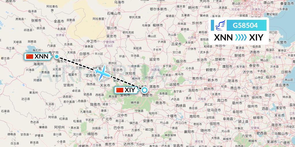 G58504 China Express Airlines Flight Map: Xining to Xi'an