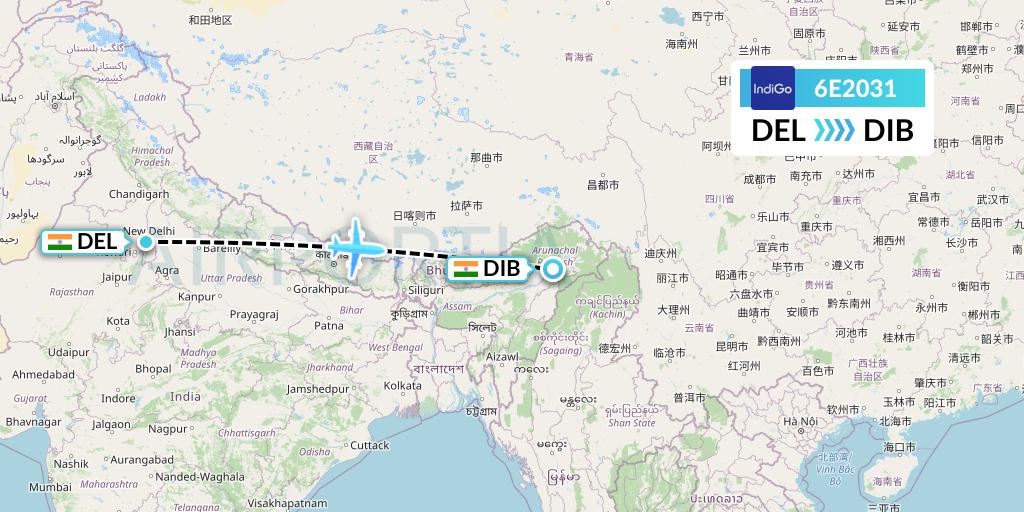 6E2031 IndiGo Airlines Flight Map: Delhi to Dibrugarh