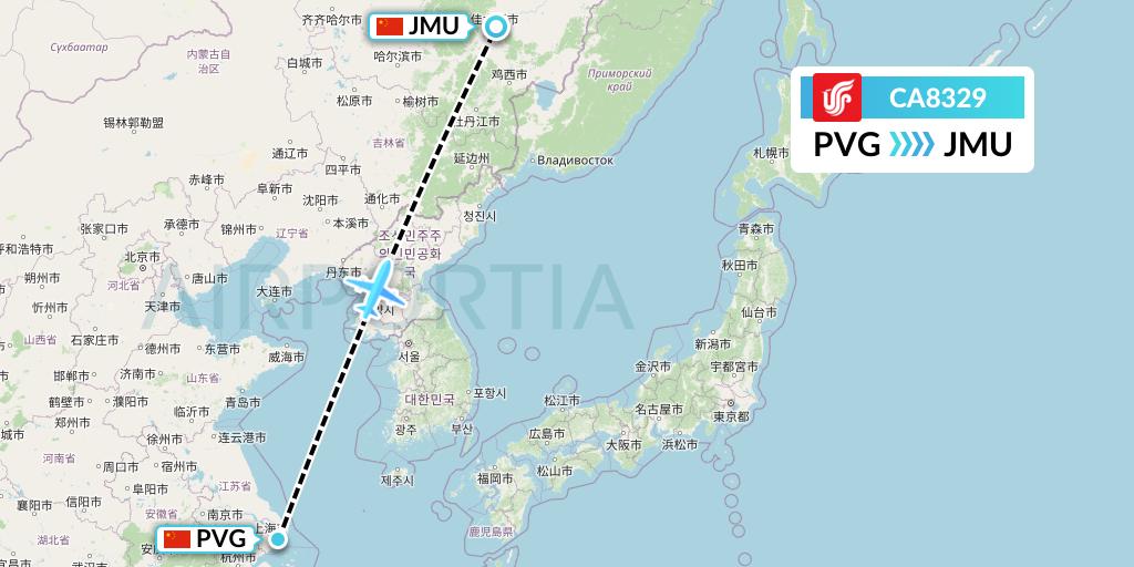 CA8329 Air China Flight Map: Shanghai to Jiamusi