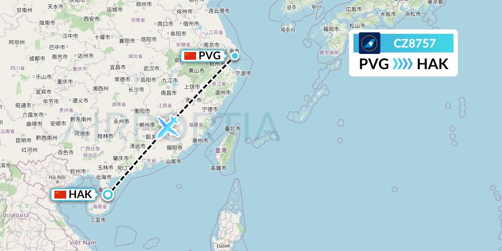 CZ8757 China Southern Airlines Flight Map: Shanghai to Haikou