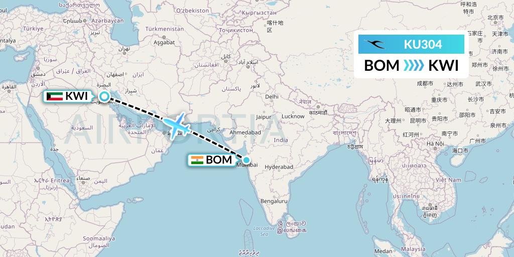 KU304 Kuwait Airways Flight Map: Mumbai to Kuwait City