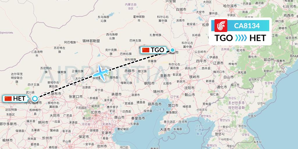 CA8134 Air China Flight Map: Tongliao to Hohhot