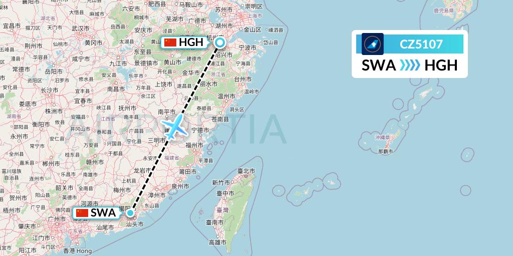 CZ5107 China Southern Airlines Flight Map: Jieyang to Hangzhou