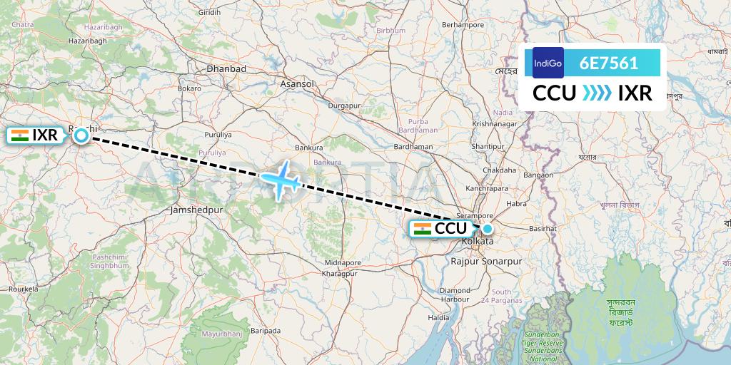 6E7561 IndiGo Airlines Flight Map: Kolkata to Ranchi