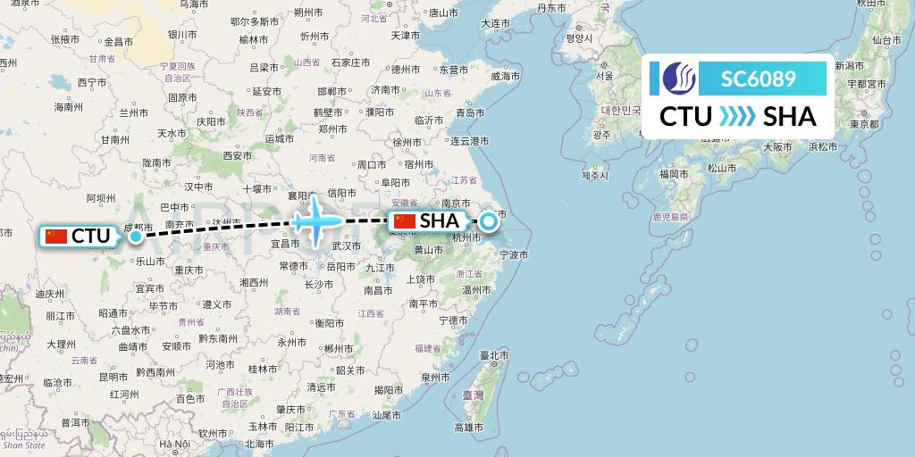 SC6089 Shandong Airlines Flight Map: Chengdu to Shanghai
