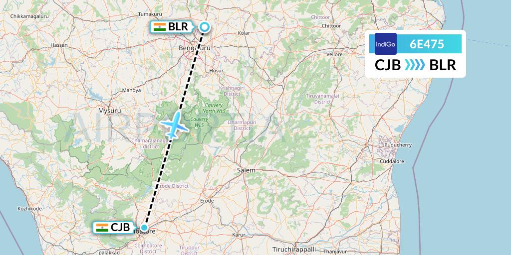 6E475 IndiGo Airlines Flight Map: Coimbatore to Bangalore