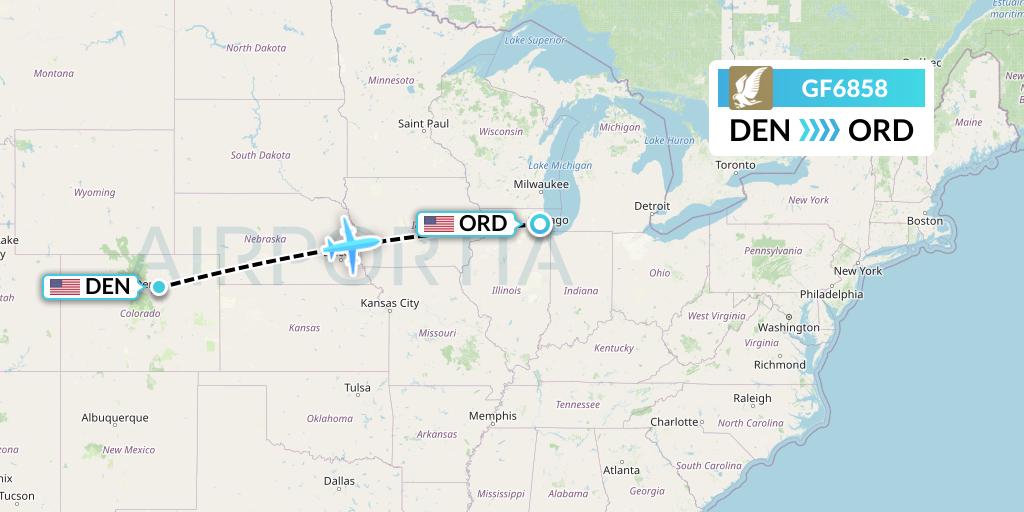 GF6858 Gulf Air Flight Map: Denver to Chicago