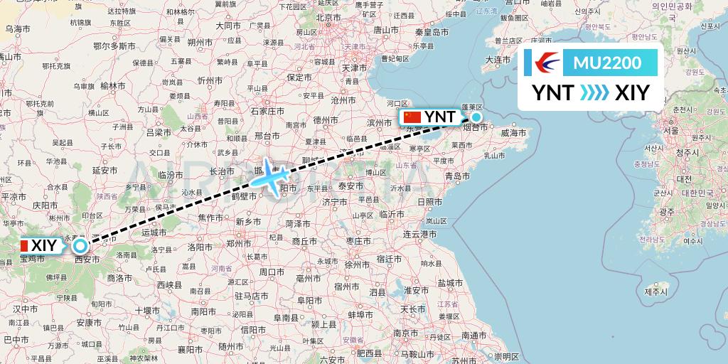 MU2200 China Eastern Airlines Flight Map: Yantai to Xi'an