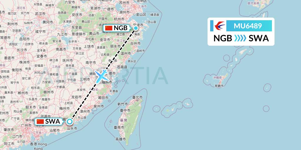 MU6489 China Eastern Airlines Flight Map: Ningbo to Jieyang