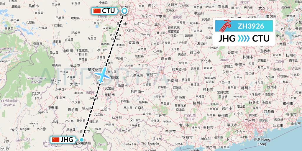 ZH3926 Shenzhen Airlines Flight Map: Jinghong to Chengdu