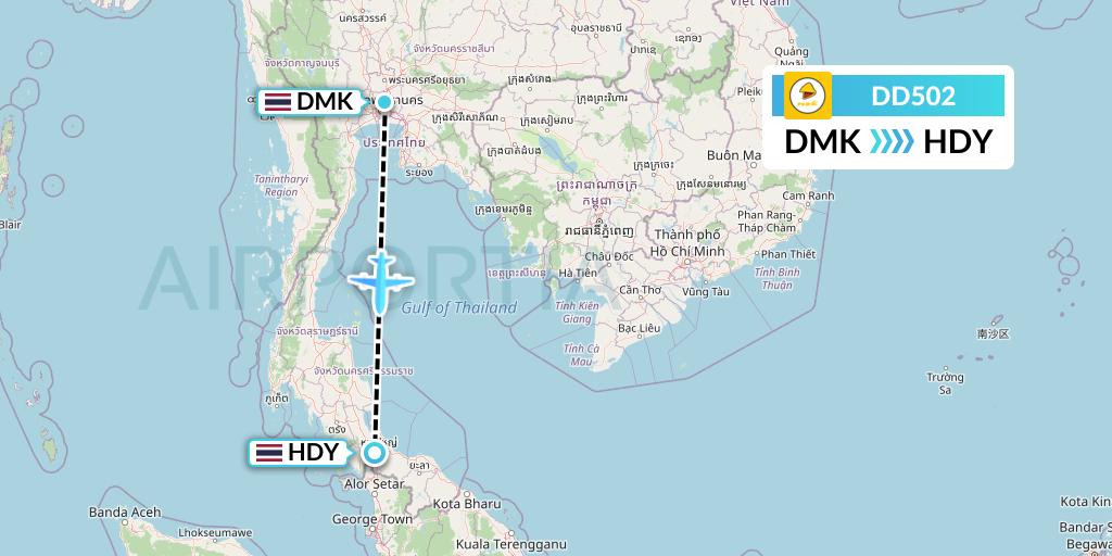 DD502 Nok Air Flight Map: Bangkok to Hat Yai