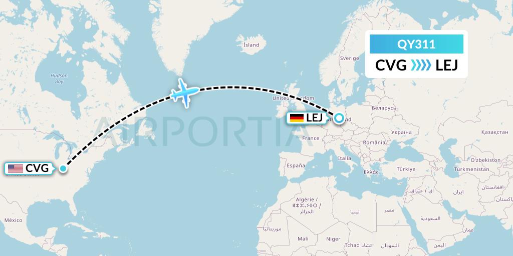 QY311 European Air Transport Flight Map: Cincinnati to Leipzig