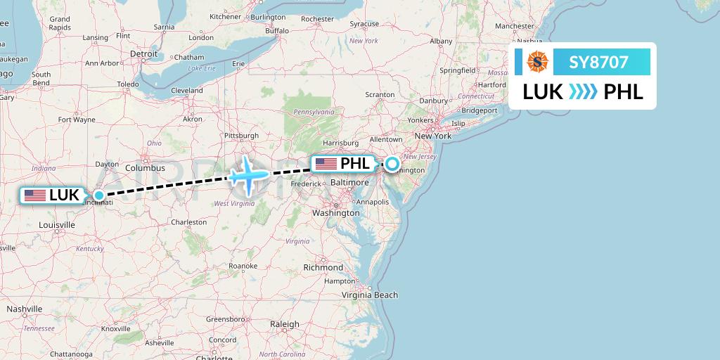 SY8707 Sun Country Airlines Flight Map: Cincinnati to Philadelphia