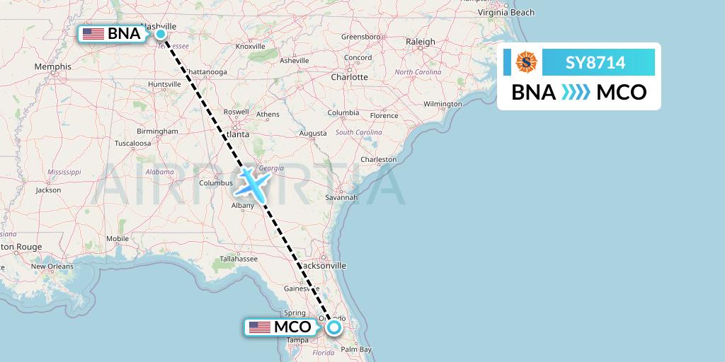 SY8714 Sun Country Airlines Flight Map: Nashville to Orlando