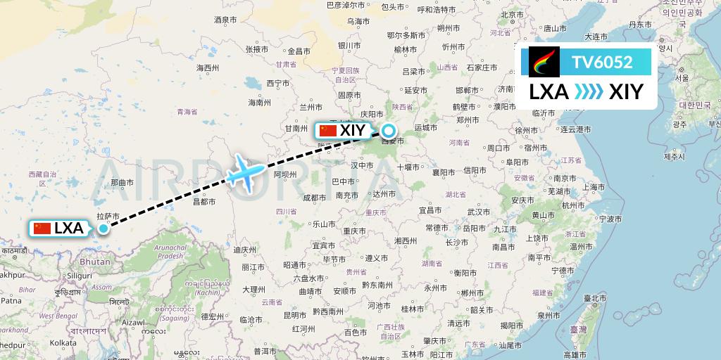 TV6052 Tibet Airlines Flight Map: Lhasa to Xi'an
